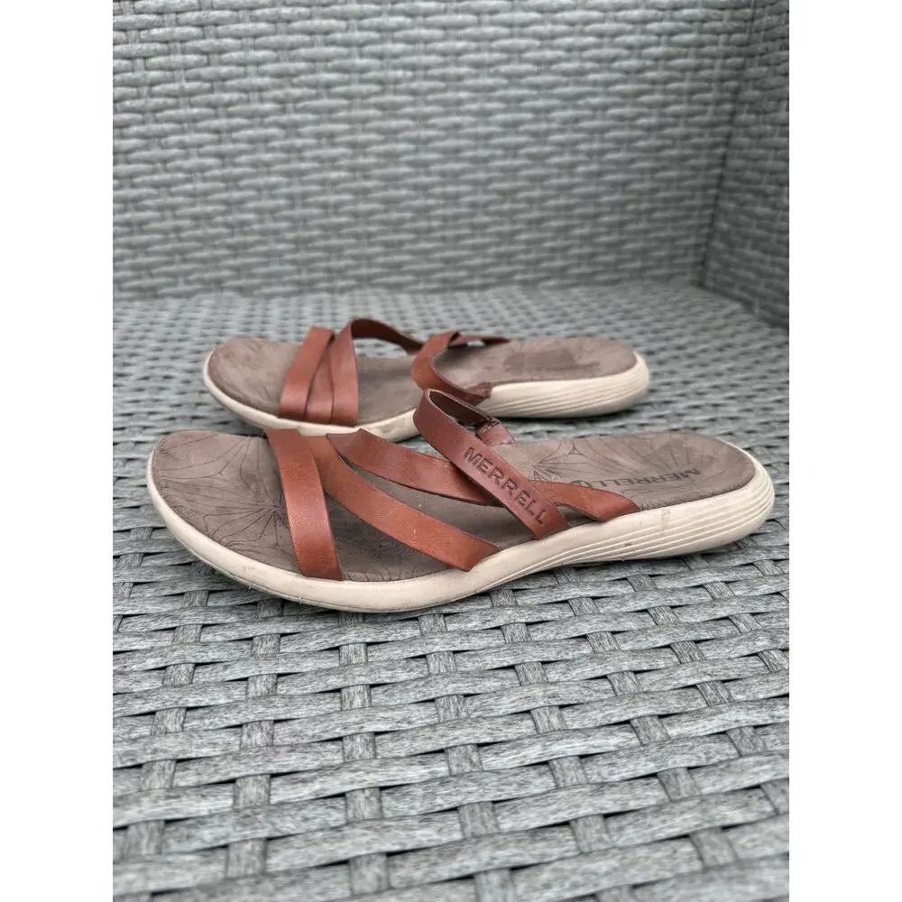 Merrell Duskair Seaway Sandals Slide Open Toe Leather Oak Brown‎ Womens Size 6
